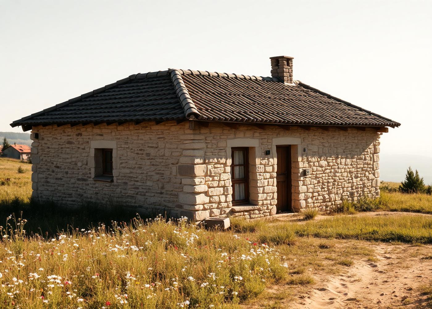 Restored rustic stone house with clay tile roof in a wildflower meadow