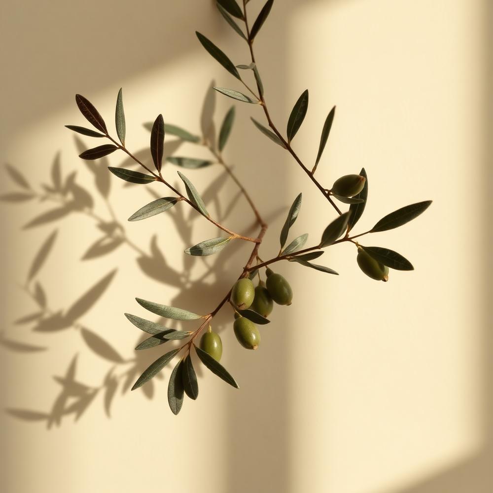 Olive branch casting a soft shadow on a warm plaster wall