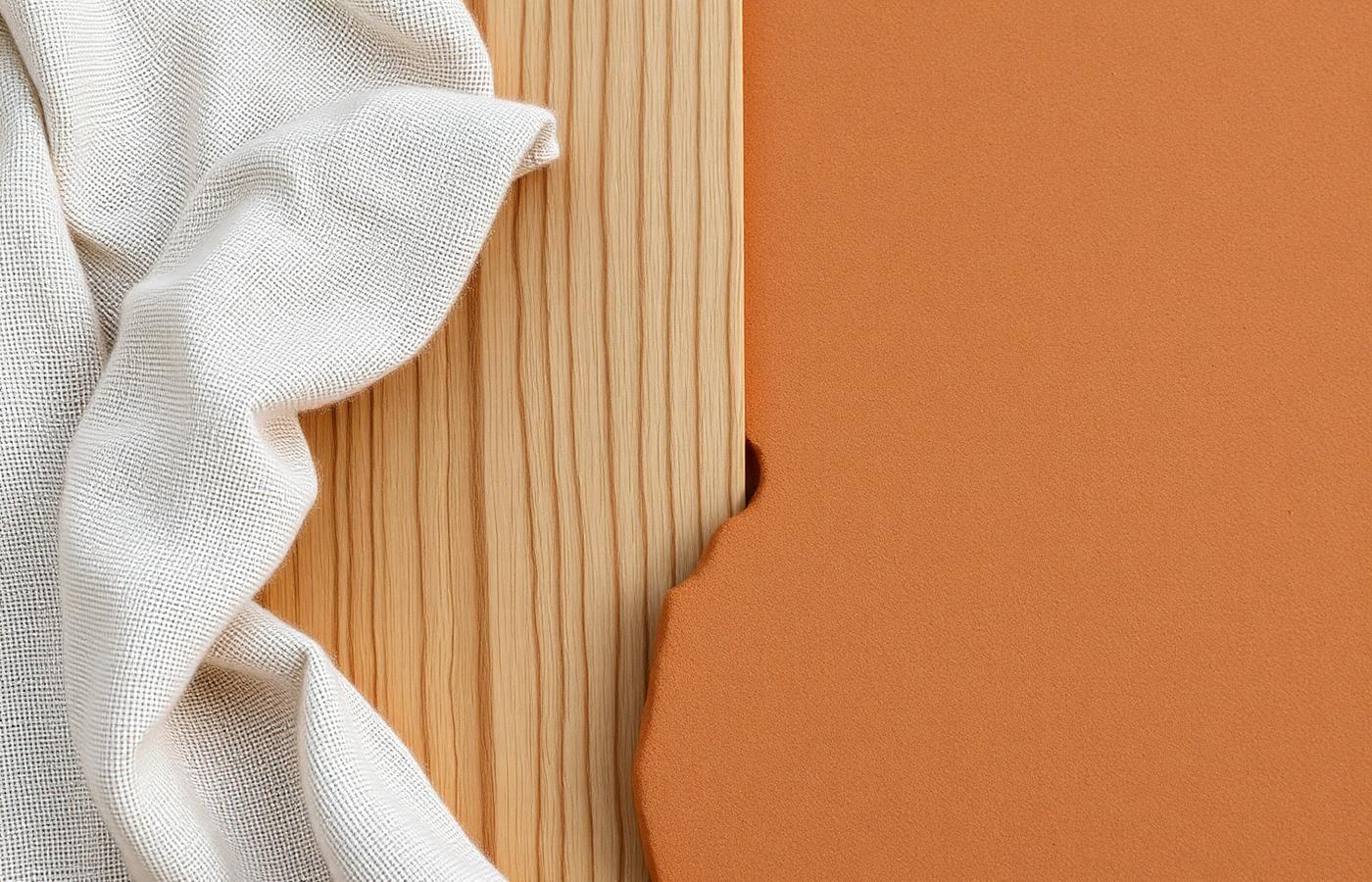 Linen fabric, oak grain and terracotta clay arranged side by side